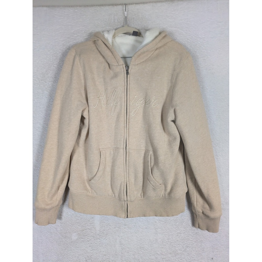 Tommy Hilfiger Hoodie Women's Large Tan Faux Fur Lined Embroidered Logo Full Zip